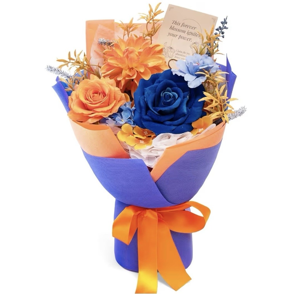 Tinge Time Preserved Flowers Bouquet Orange & Navy Blue Roses ,16 X 12"